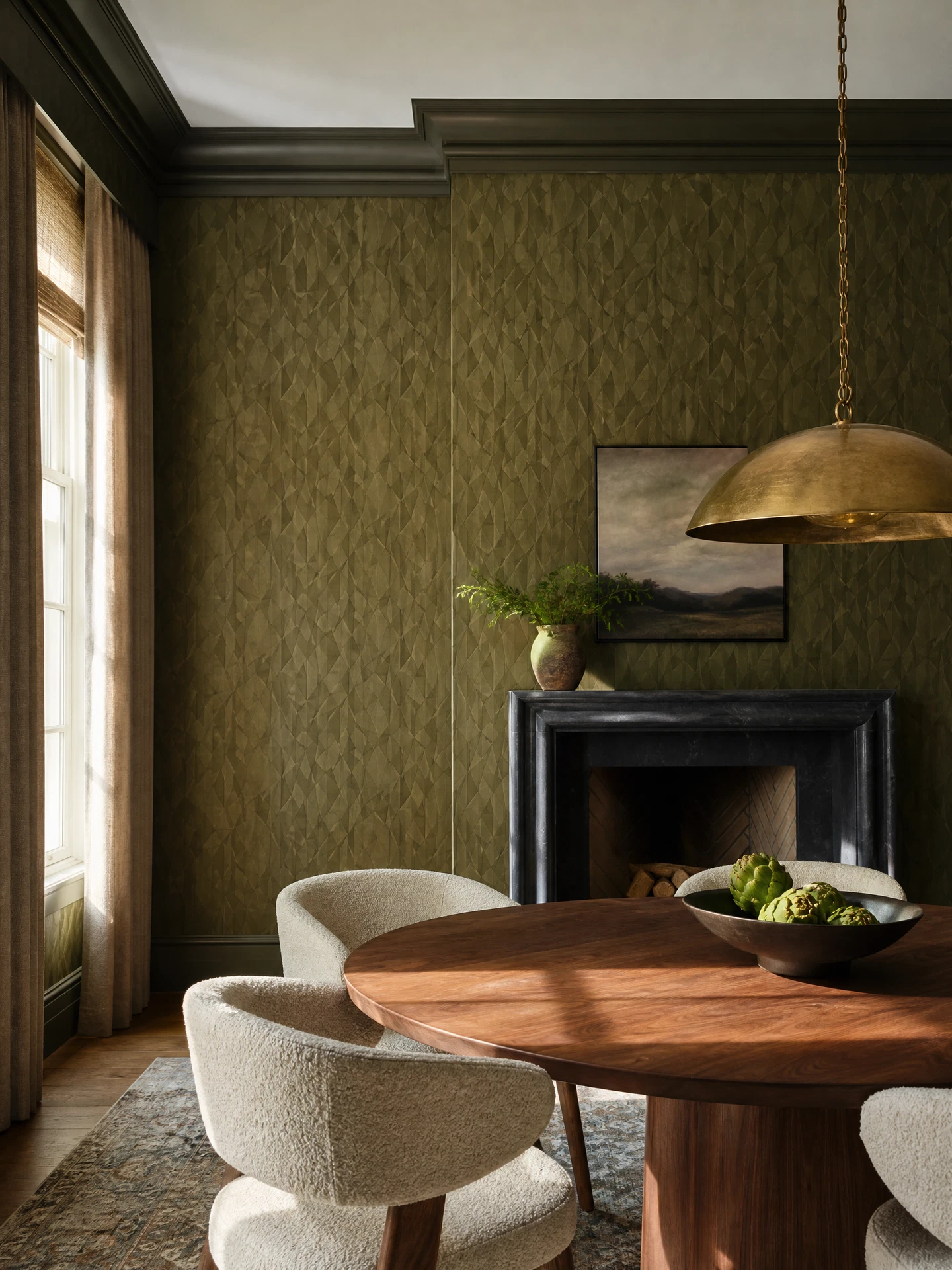 Dining room with geometric wallpaper