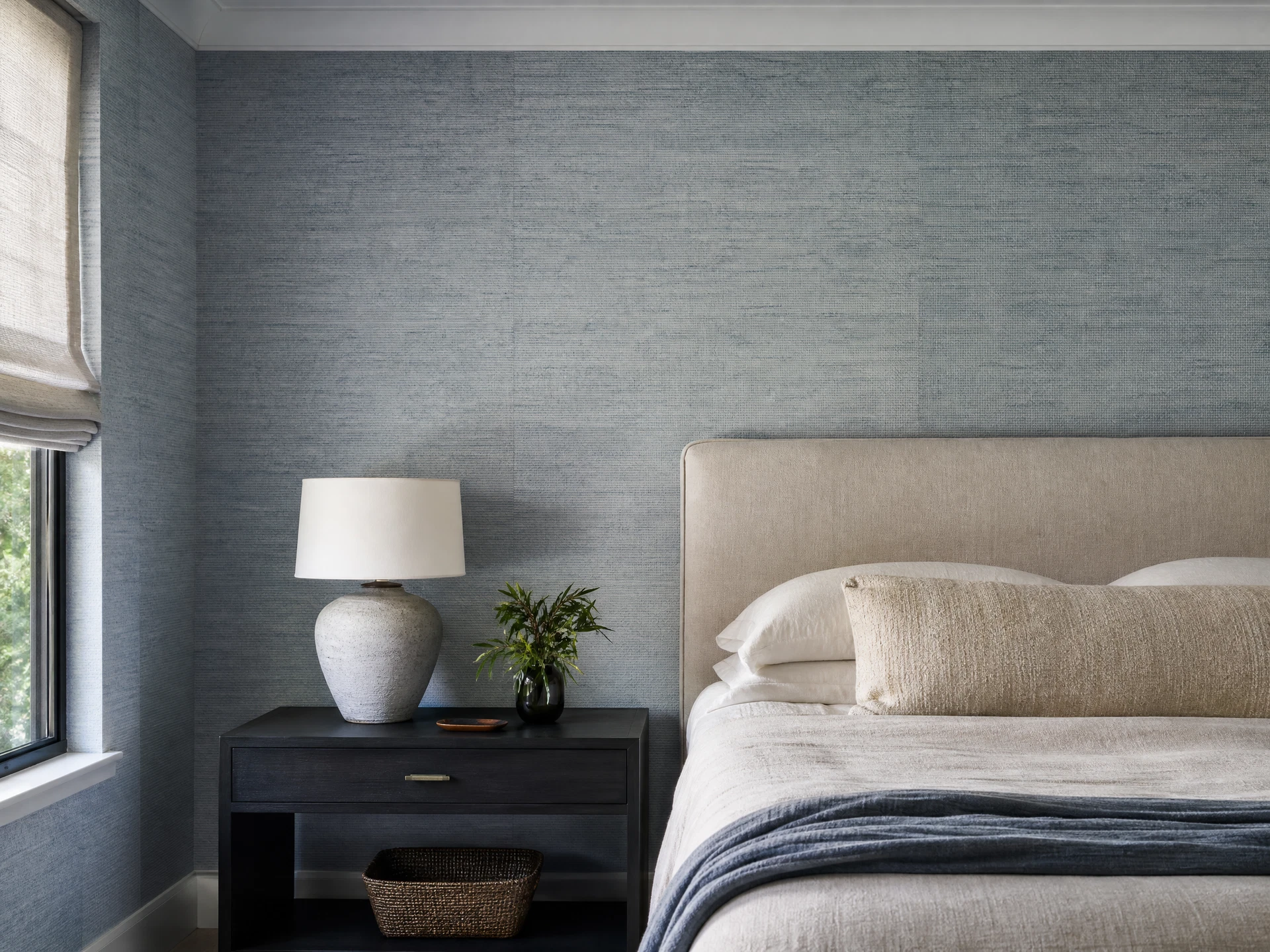 Bedroom with textured wallpaper