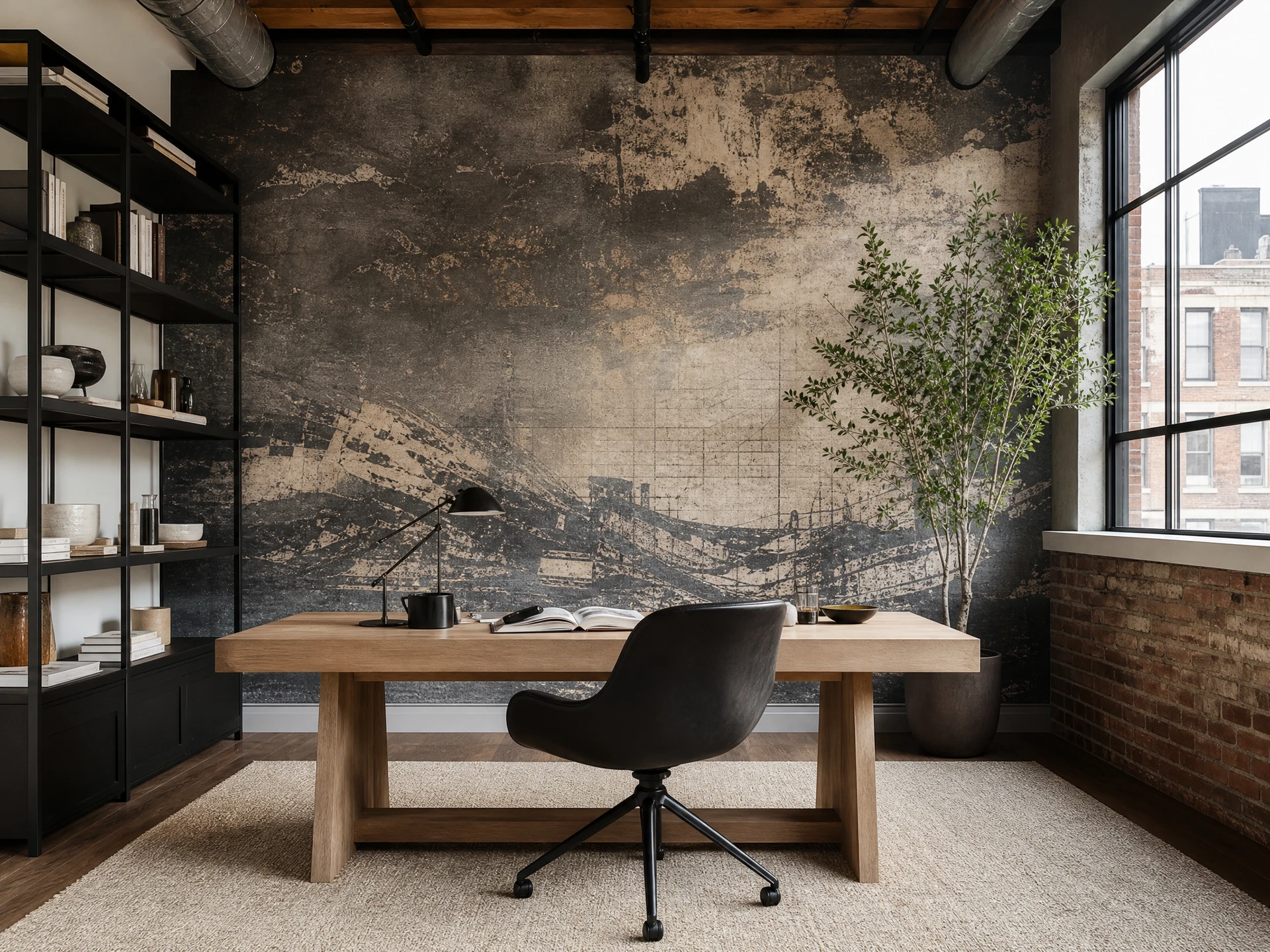 Modern office with mural wallpaper